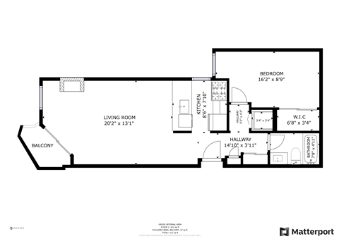 Floor plan for 1 bed, 1 bath, 610 sqft